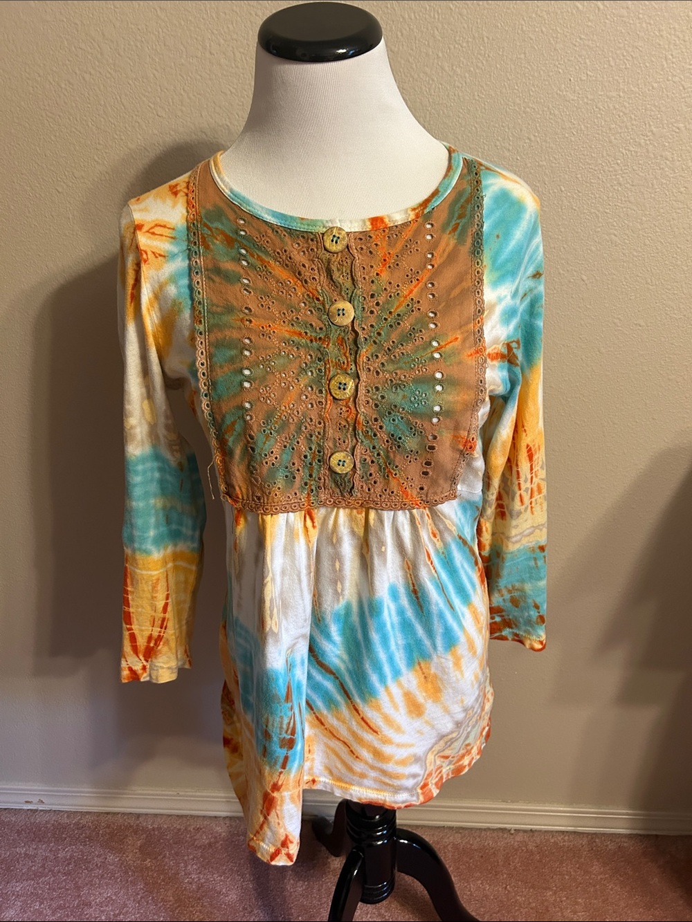 Boho Tie-Dye Eyelet Tunic Top - Teal, Orange, Cream